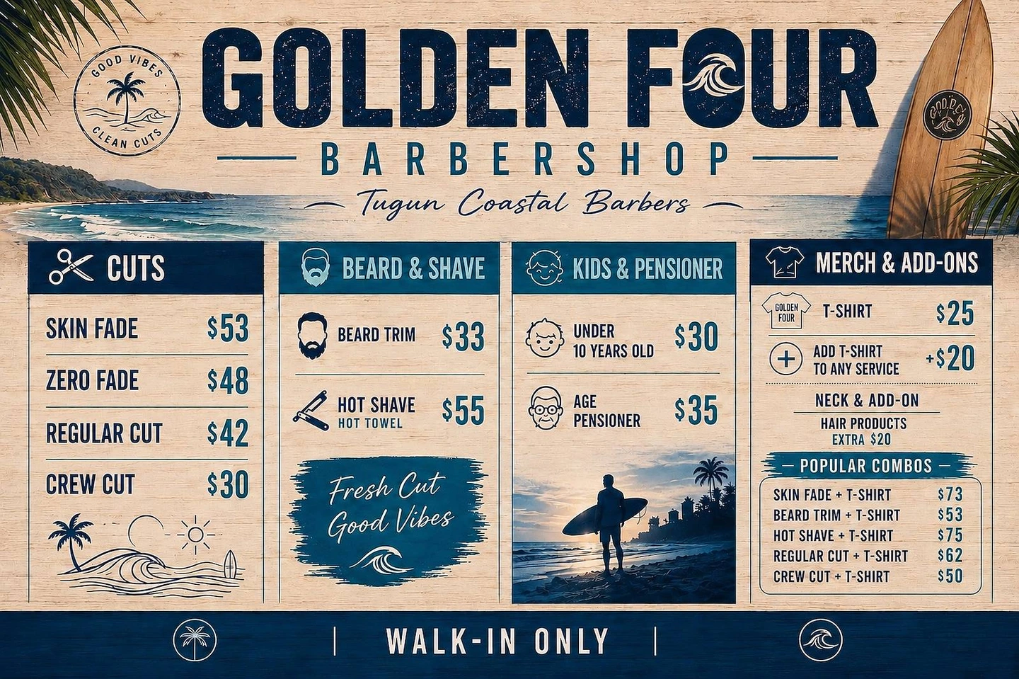 Golden Four’s coastal price board. Skin fade $53, zero fade $48, regular cut $42, crew cut $30, beard trim $33, hot towel shave $55, under 10s $30, age pensioner $35. T-shirts $25, add a T-shirt to a service $20.